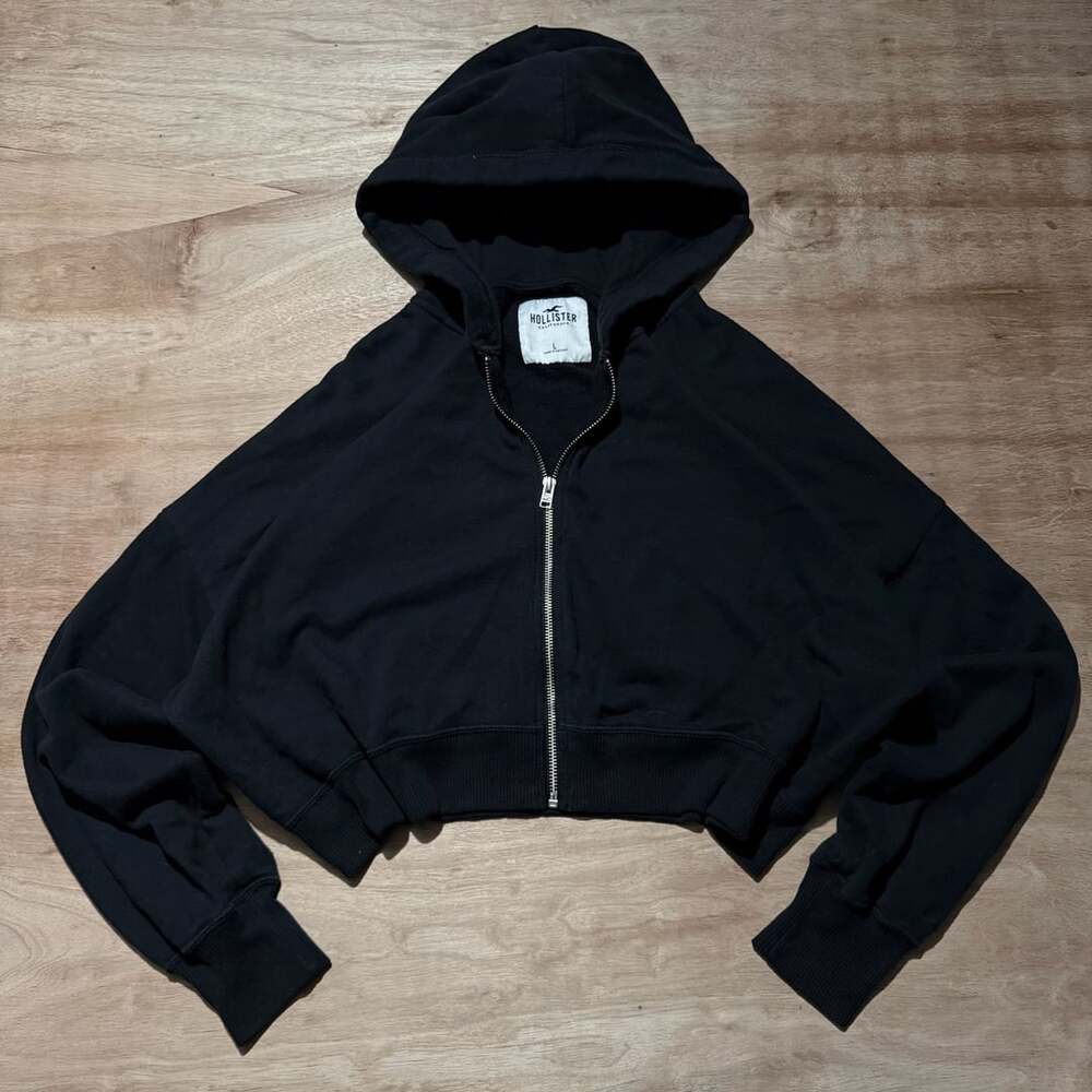 Hollister Black Cropped Zip Up Hoodie Women’s Large Minimalist Streetwear
